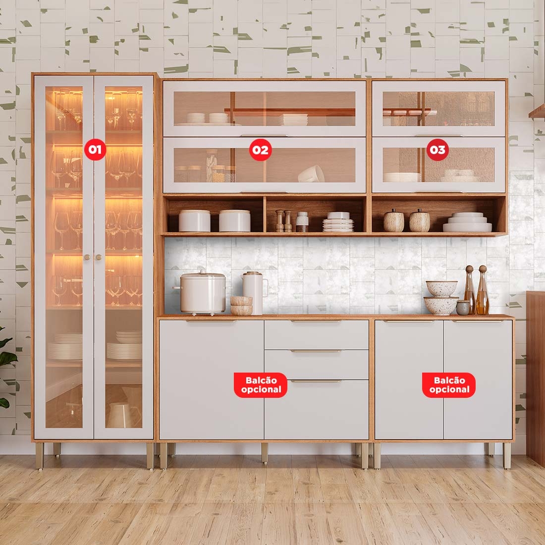Cozinha Esplêndida Cristal 3 módulos, Cristaleira, 100% MDF | MGM Móveis — CINA/OFW