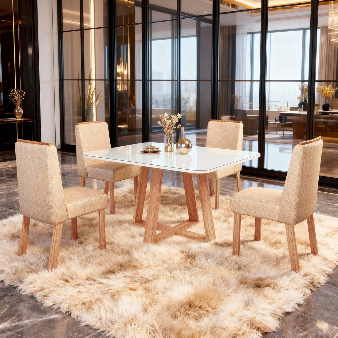 Mesa de jantar com 4 cadeiras , Tampo em MDF com Vidro 90x90  Scott| Bom Pastor