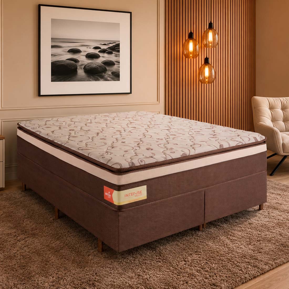 Conjunto Cama Box Casal King 193 cm Intense Bronze Aster D28 com Molas Ensacadas | Sonos Colchões — UNICA