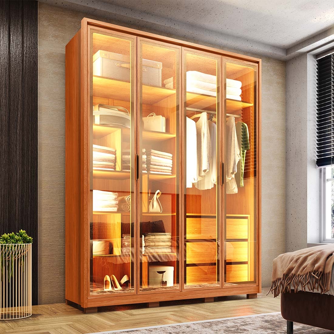 Guarda Roupa Solteiro Reflex Inside LED 1,78m 100% MDF 4 Portas de Vidro Reflecta MDF | Caemmun — FREIJO