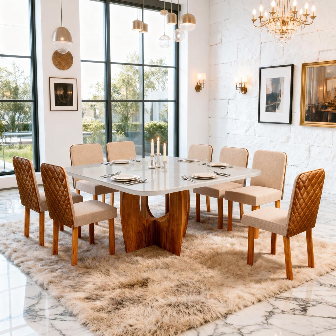 Mesa de Jantar com 8 cadeiras, Tampo 135x135, Grécia | Bom Pastor