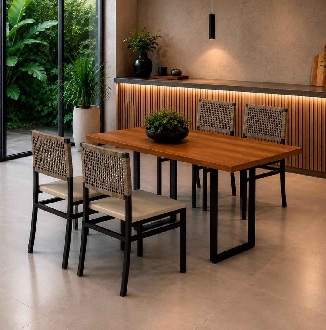 Mesa de Jantar com 4 Cadeiras Tampo BP 115x70 cm em aço, Tubo Preto, Mariana | Paonanda — PRETO