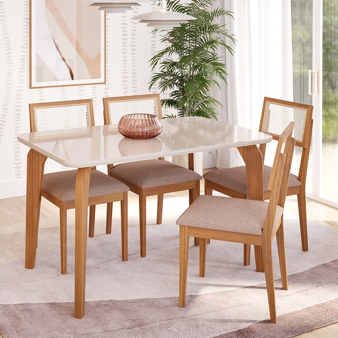Mesa de Jantar com 4 Cadeiras Tampo 130X80 com Vidro, Ravena | Cimol — MD/OW/LB