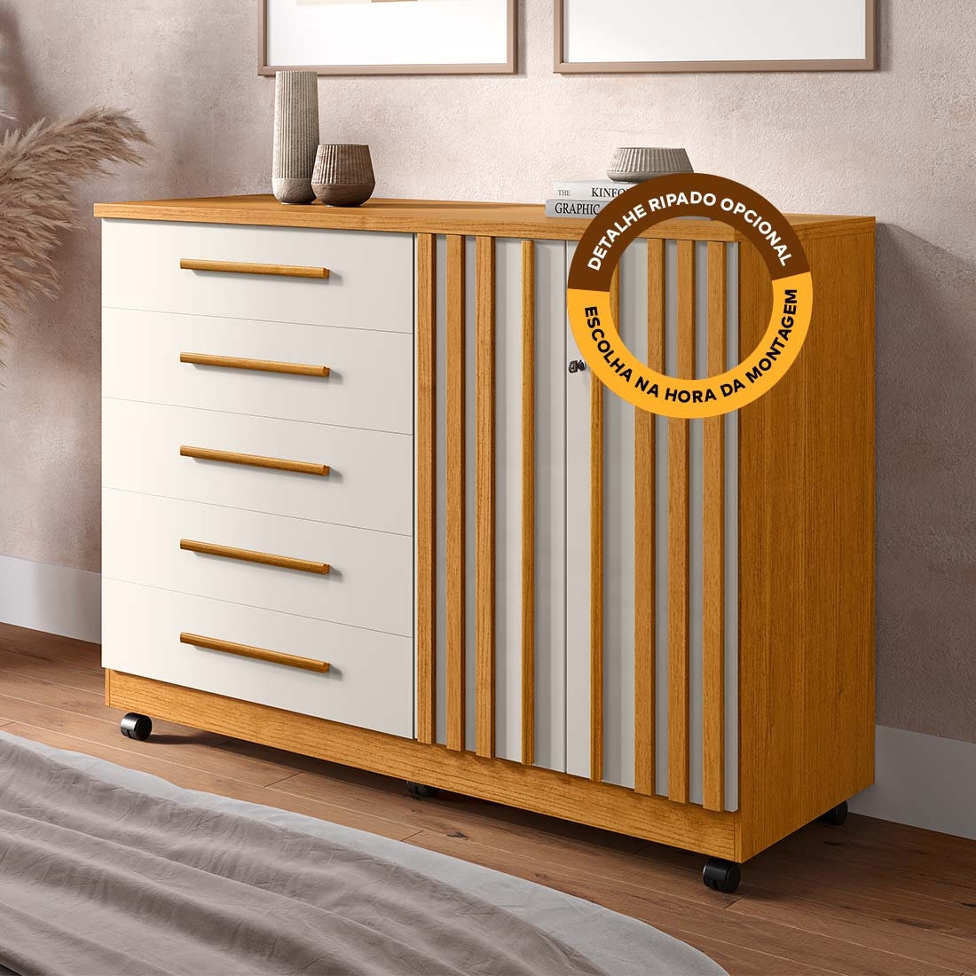 Cômoda Bella 5 Gavetas com 2 Portas MDF e Rodízios | ACP