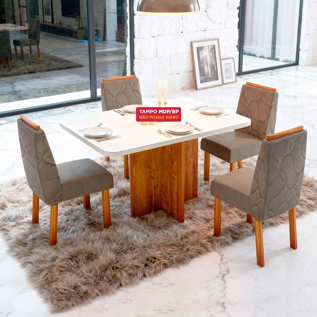 Mesa de Jantar com 04 cadeiras Real, Tampo 130x90 MDP (Sem Vidro) | Bom Pastor