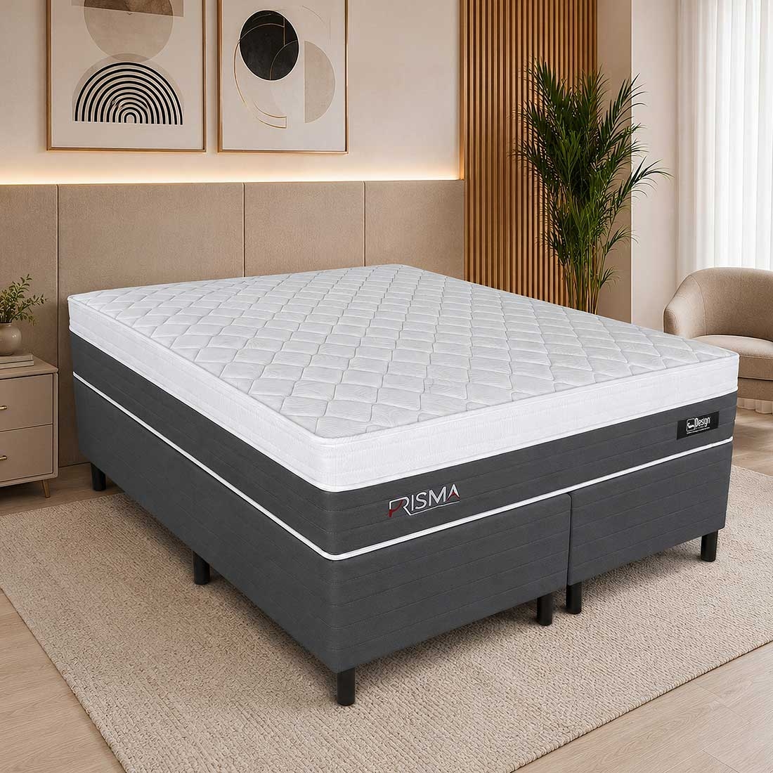 Conjunto Cama Box Casal Queen Size 158cm Prisma com Mola Ensacada e Espuma D28 Extra Firme | Design — UNICA