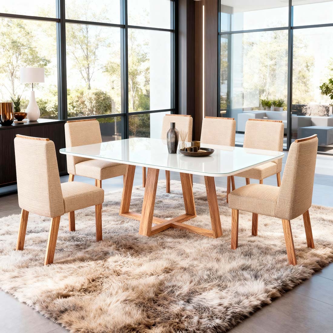 Mesa de jantar com 6 cadeiras Melina, Tampo em MDF com vidro 180x90 | Bom Pastor