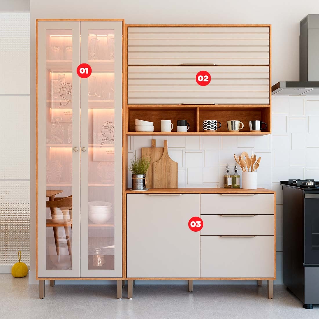 Cozinha Esplêndida 3 Módulos 100% MDF com Cristaleira Reflecta | MGM Móveis — CINA/OFW