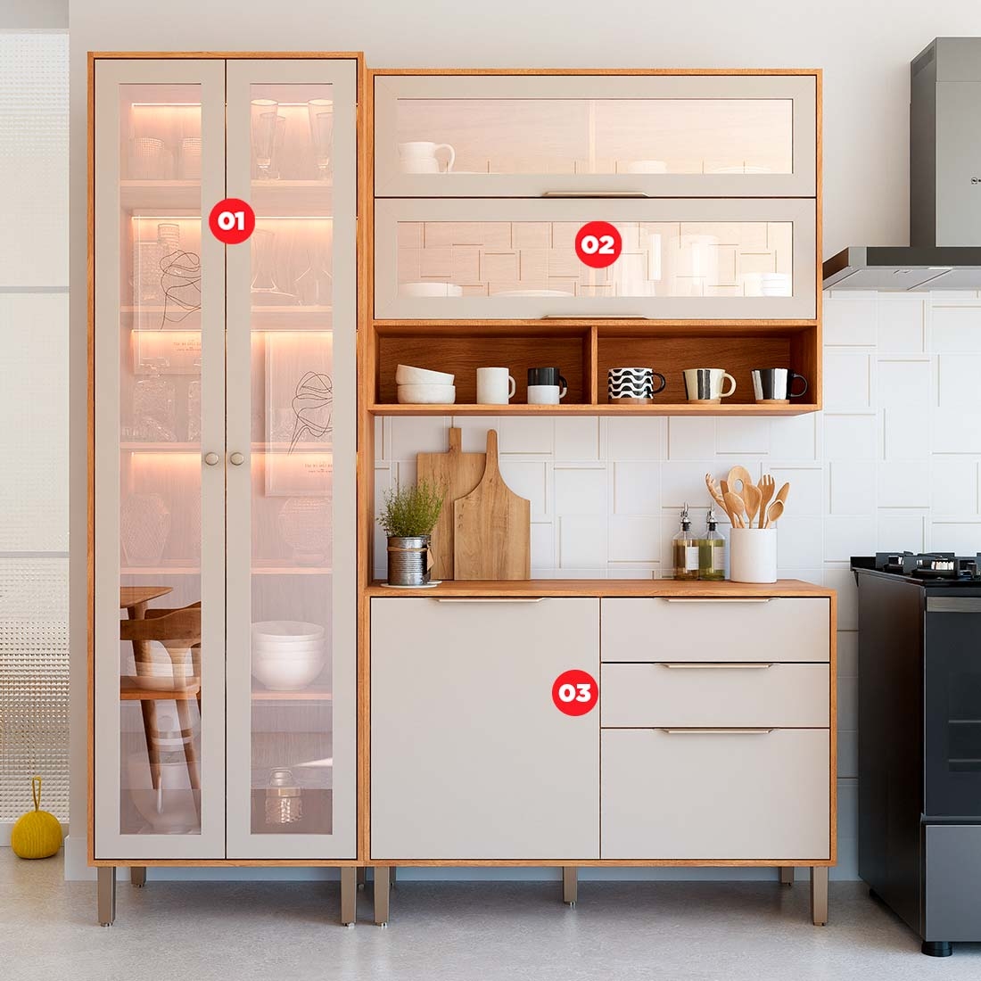Cozinha Esplêndida Cristal 3 Módulos 100% MDF com Cristaleira Reflecta | MGM Móveis — CINA/OFW