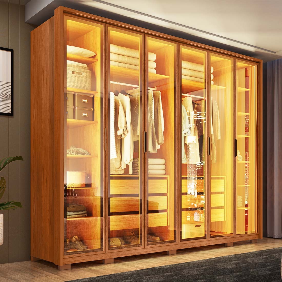 Guarda roupa Reflex Inside LED 2,65m 6 Portas em Vidro Reflecta 100% MDF | Caemmun — FREIJO